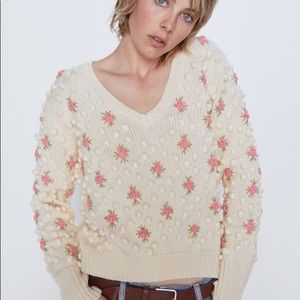 *SOLD*NWT Zara Floral Pompom sweater Cream Sz S.